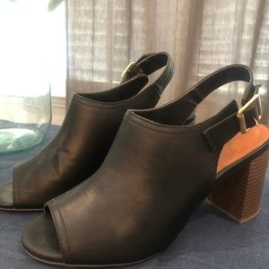 Black leather peep toe block heels